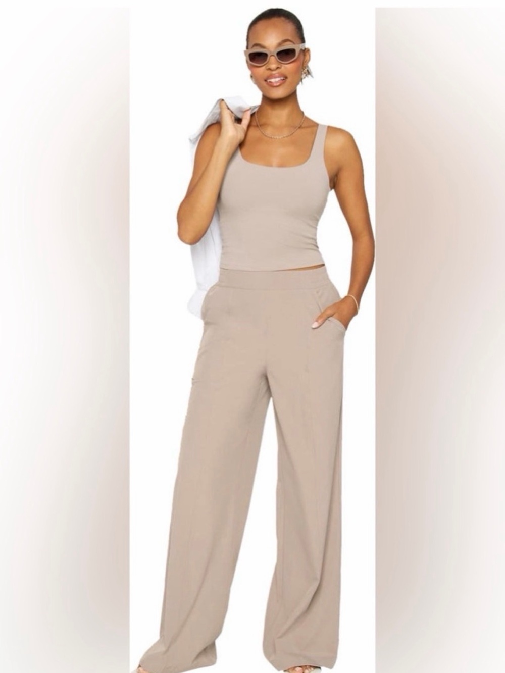 Fabletics Downtown Wide Leg Pant in Brutalist Khaki.